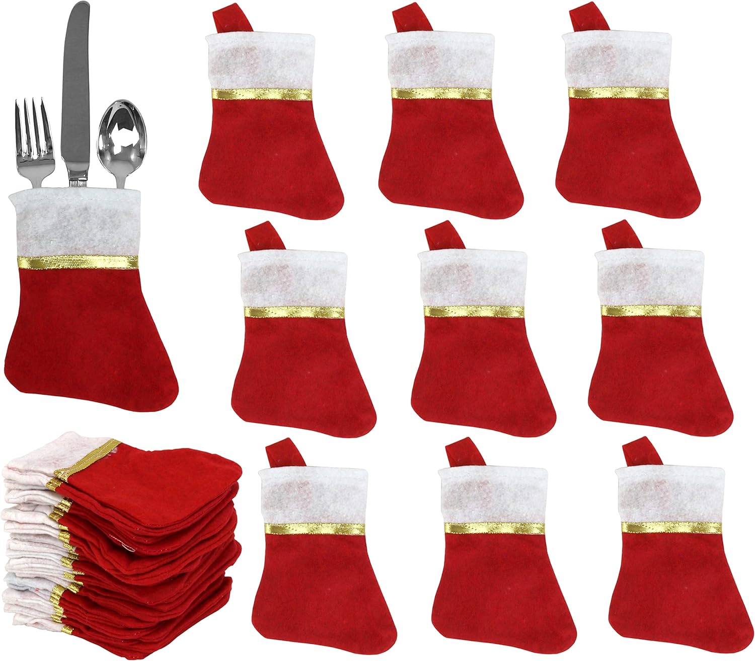 Stockings & Holders - Iconikal 24-Pack Mini Christmas Stockings Red Felt 5x6.25-Inch Gold Ribbon Holiday Decor Ornaments Utensil Holders Wine Bottle Toppers Craft Bulk Pack