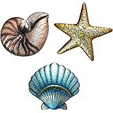 BVLFOOK 3 Pcs Metal Beach Wall Decor Sea Star Shell Conch Metal Decor Ocean Theme Marine Coastal Bathroom Decorations Rustic Valentine Nautical Wall Art for Office Home Living Room Nursery Room