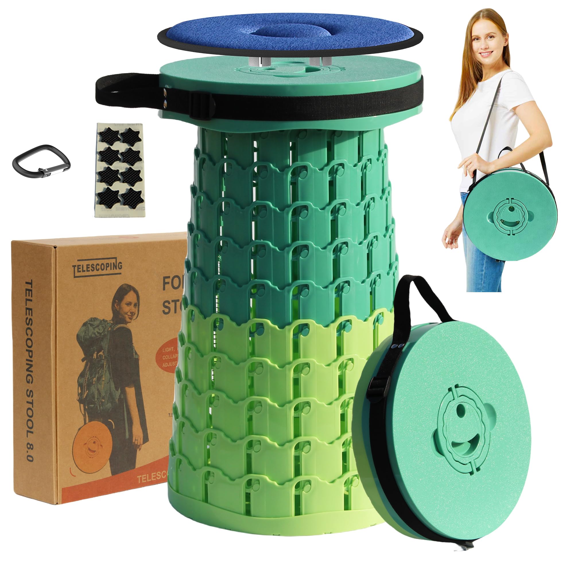 ALEVMOOM Upgraded XXL 50CM Collapsible Stool with Cushion, Telescopic Folding Stools for Adults Max Load 450KG, Retractable Portable Seat for Camping Fishing Hiking BBQ Outdoors