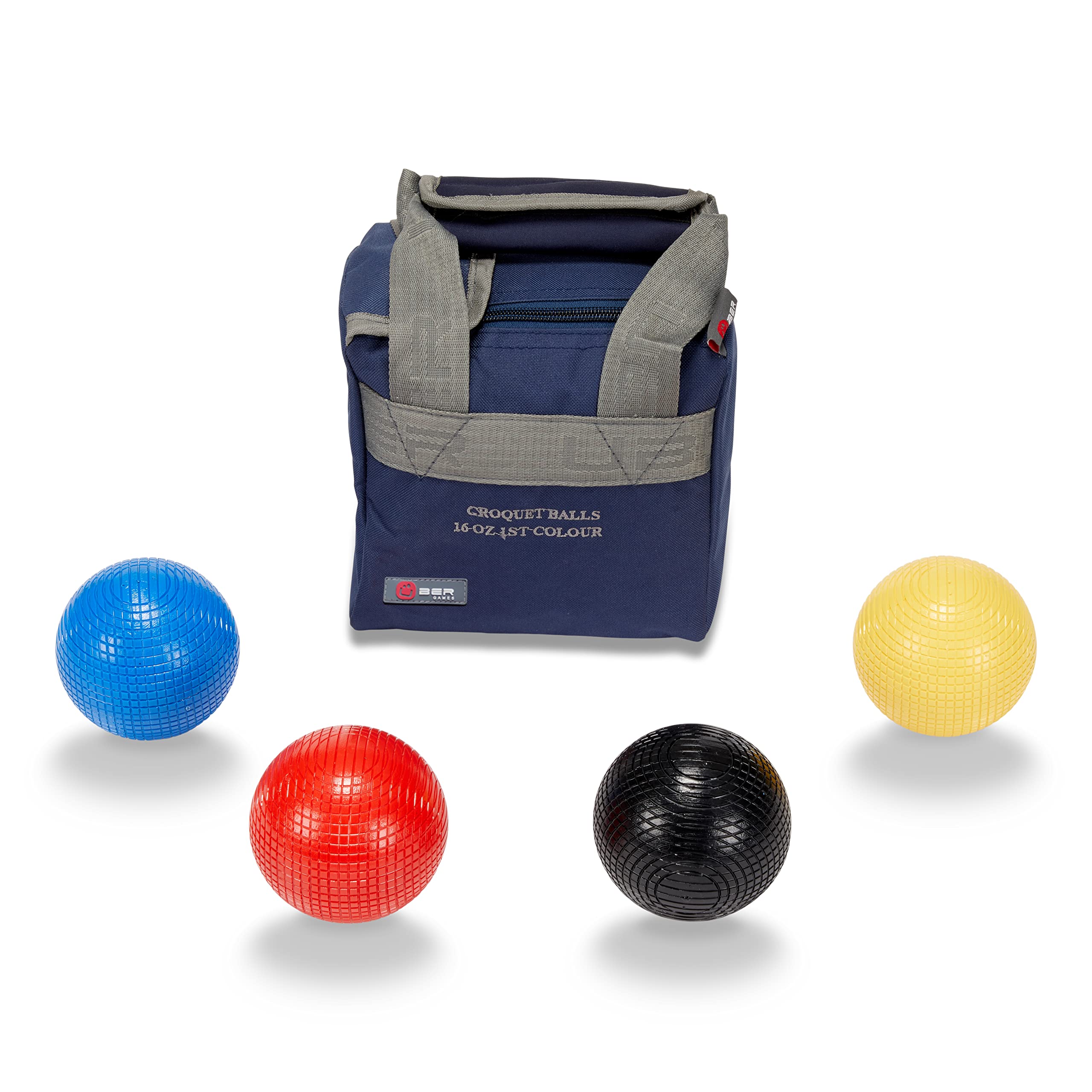 Uber Games 16oz Composite Croquet Balls Set of 4 - Regulation Size 3 5/8" Diameter, Black, Red, Blue & Yellow, Durable Plastic, Canvas Storage Bag, Suitable for Garden & Competitive Play