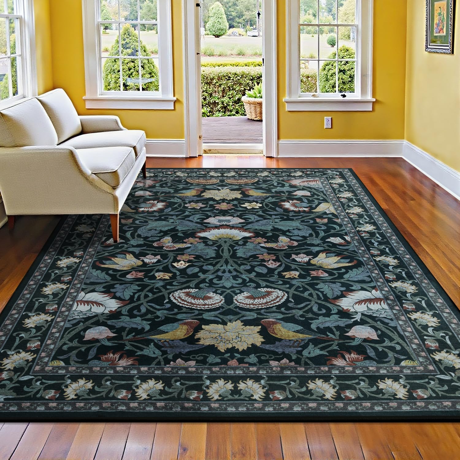 Photo 1 of 5x7 Large Area Rugs for Living Room Bedroom, Washable Vintage Floral Rug with Rubber Backing, Non-Slip Stain Resistant Soft Throw Area Rug for Dining Room Office Kitchen Dorm Home Decor, Black