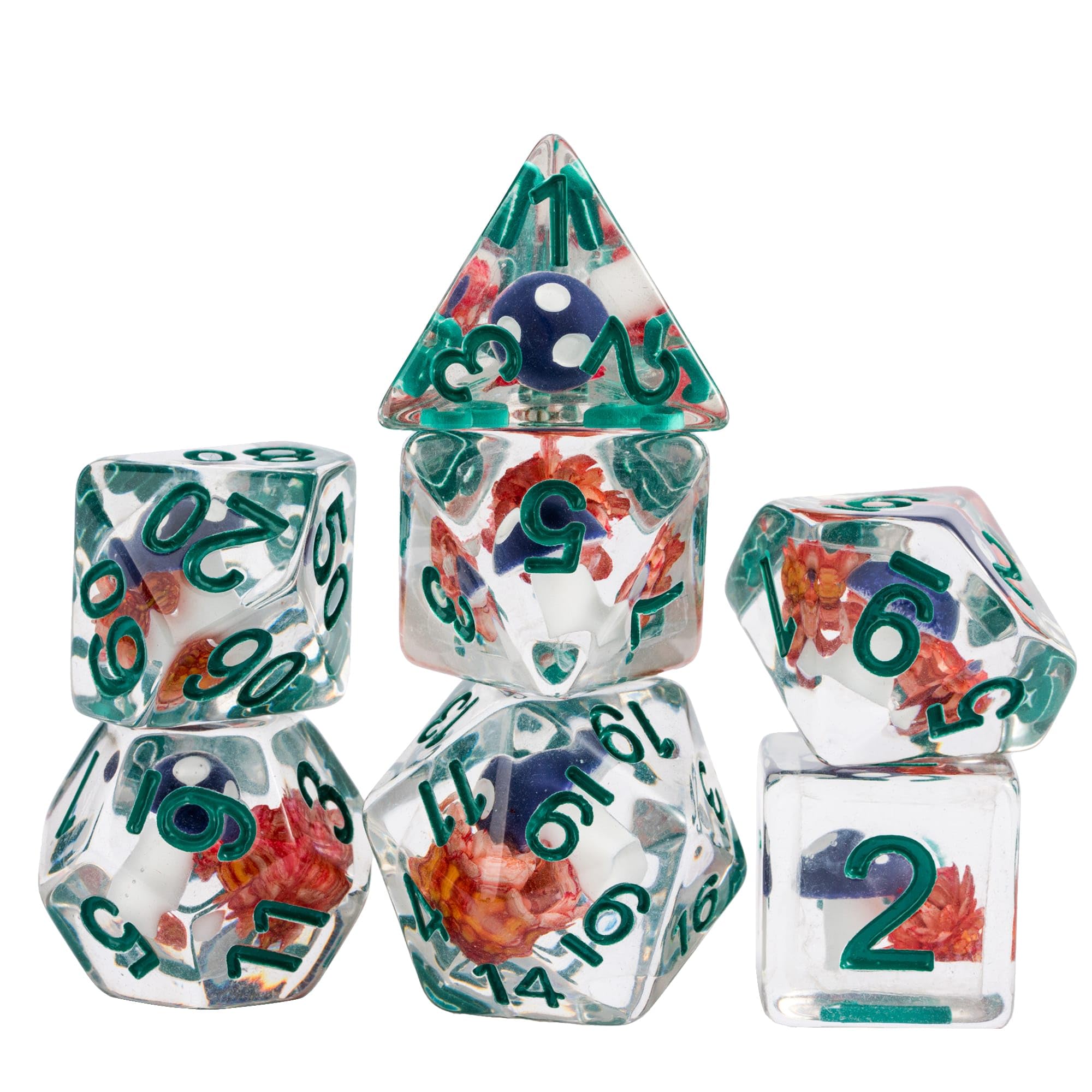 cusdie Polyhedral DND Dice Set Resin Dice Filled Dice for Dungeons and Dragons Role Playing Game(RPG),Table Game,Board Games (Mushroom w/Red Flower) — image 1