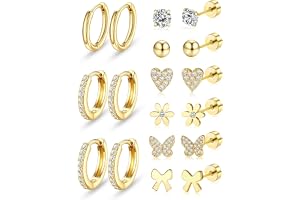jagosen Flat Back Earrings Hypoallergenic Earrings for Girls Women,9 Pairs | 14K Gold Plated Screw Back Girls Earring for Sensitive Ear,Cute Flower Butterfly Bow Stud Earring for Kids Teen Women,20G