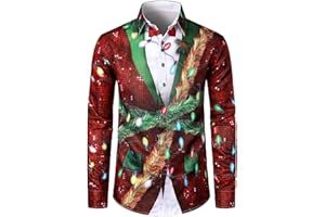 Mens Christmas Shirts Novelty Ugly Xmas Print Long Sleeve Dress Shirt Button Down Holiday Shirt Fall Winter Outfits