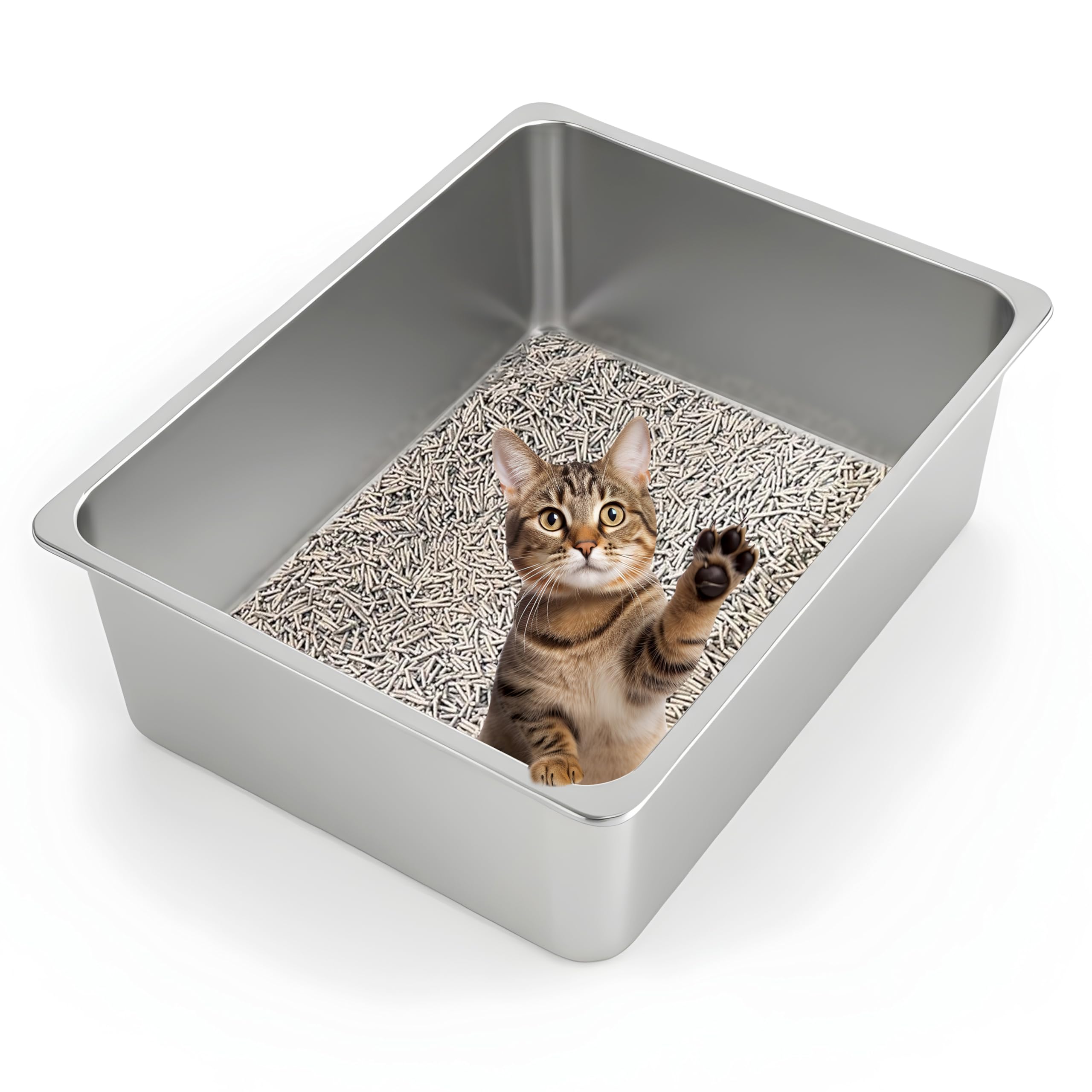 Photo 1 of Kirecoo Stainless Steel Cat Litter Box XL- Metal High Sided Cat Pan, Large Stainless Steel Box, Indoor Litter Tray, Non Stick, No Smell, Easy to Clean, Pet Toilet Supplies for Kitten, Kitty, Rabbit