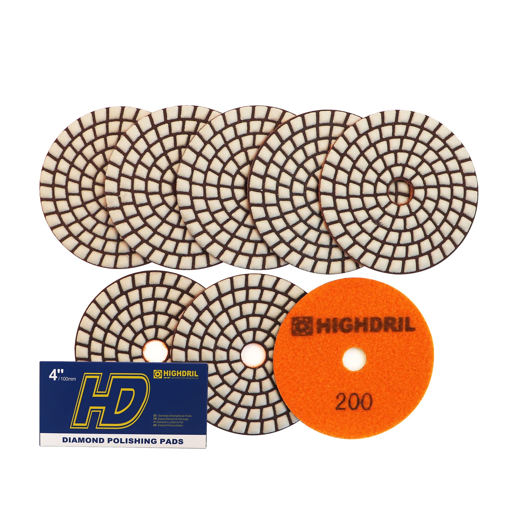 HIGHDRIL Dry Diamond Polishing Pad - 8PCS #200 Sanding Pads 100MM for Granite Stone Marble Floor Grinder Polish Pad Kit for Drill, Grinder, Polisher