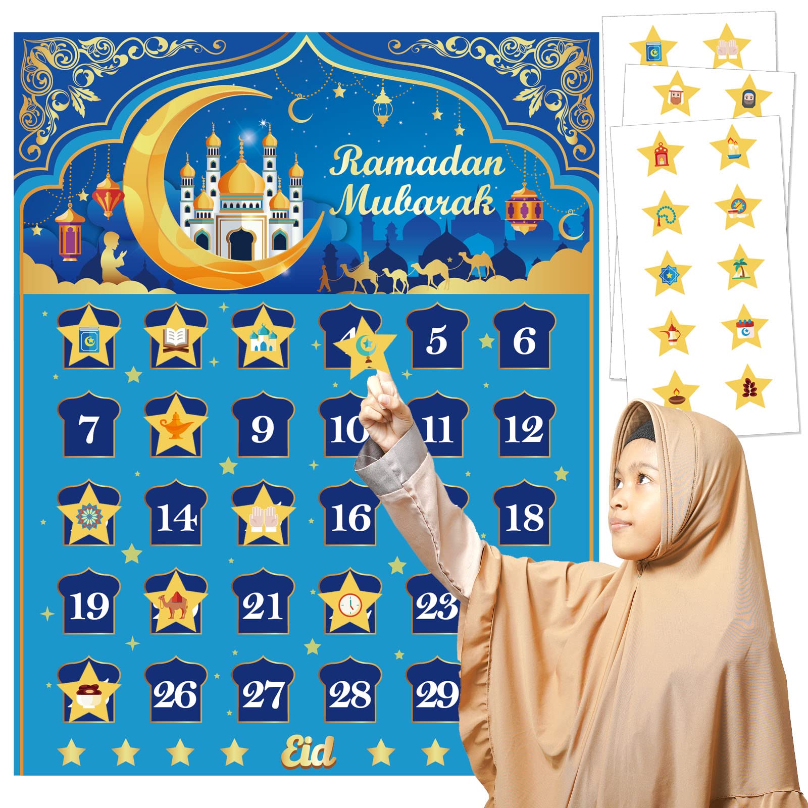 DPKOW Ramadan Advent Calendar, Ramadan Calendar Kids, Ramadan Countdown 2026 Ramadan Decorations for Home, Ramadan Countdown Calendar Games with 30 Stars Stickers (Different)
