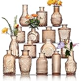 Glass Bud Vases Set of 16 - Amber Assorted Small Mini Glass Vases for Flowers, Crystal Vintage Vase Set, Bulk Centerpieces for Table Décor, Wedding, Home and Events (Amber, 16 Pcs)