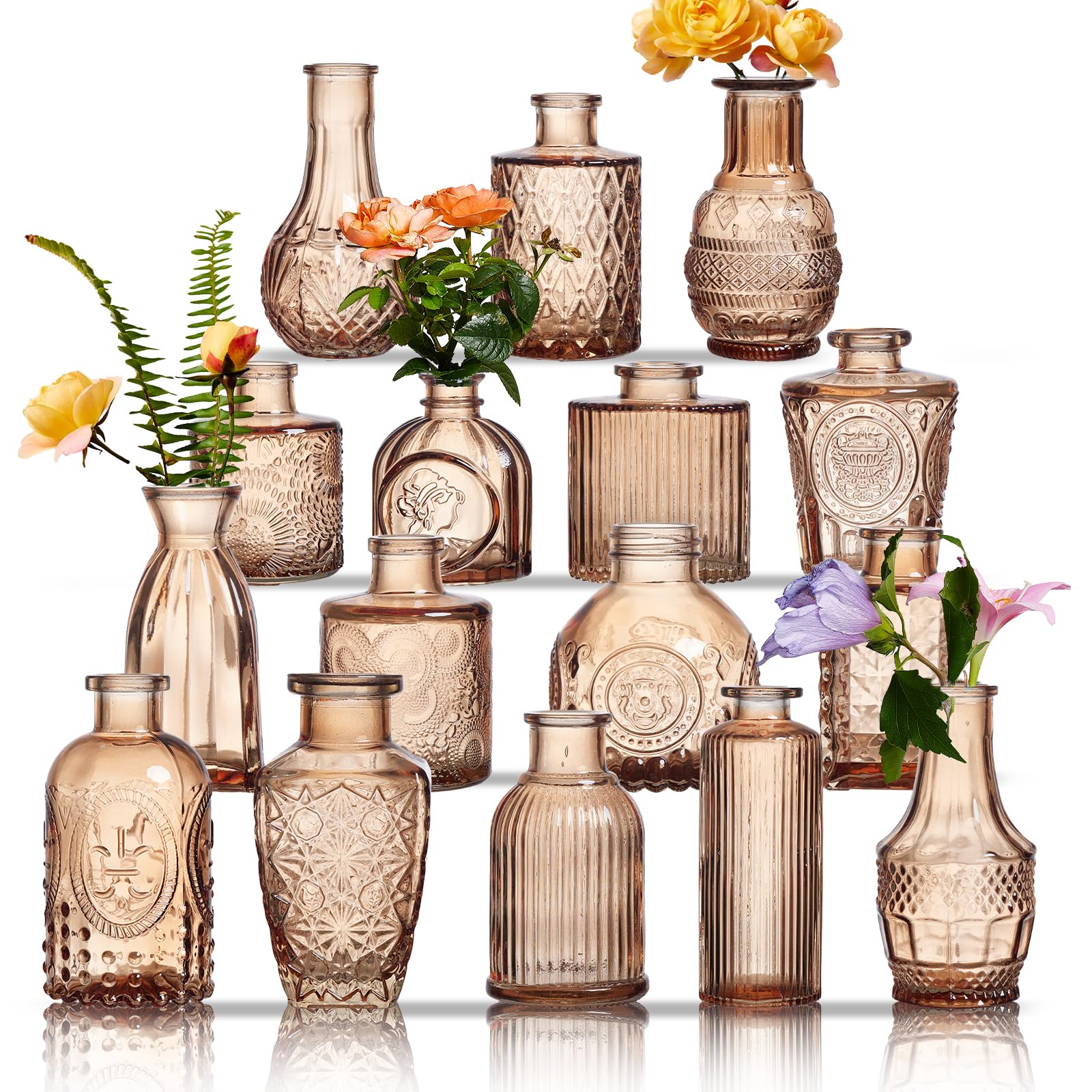 Photo 1 of Glass Vases Set of 16 - Amber Assorted Small Mini Glass Vases for Flowers, Crystal Vintage Vase Set, Bulk Centerpieces for Table Décor, Wedding, Home and Events (Amber, 16 Pcs)