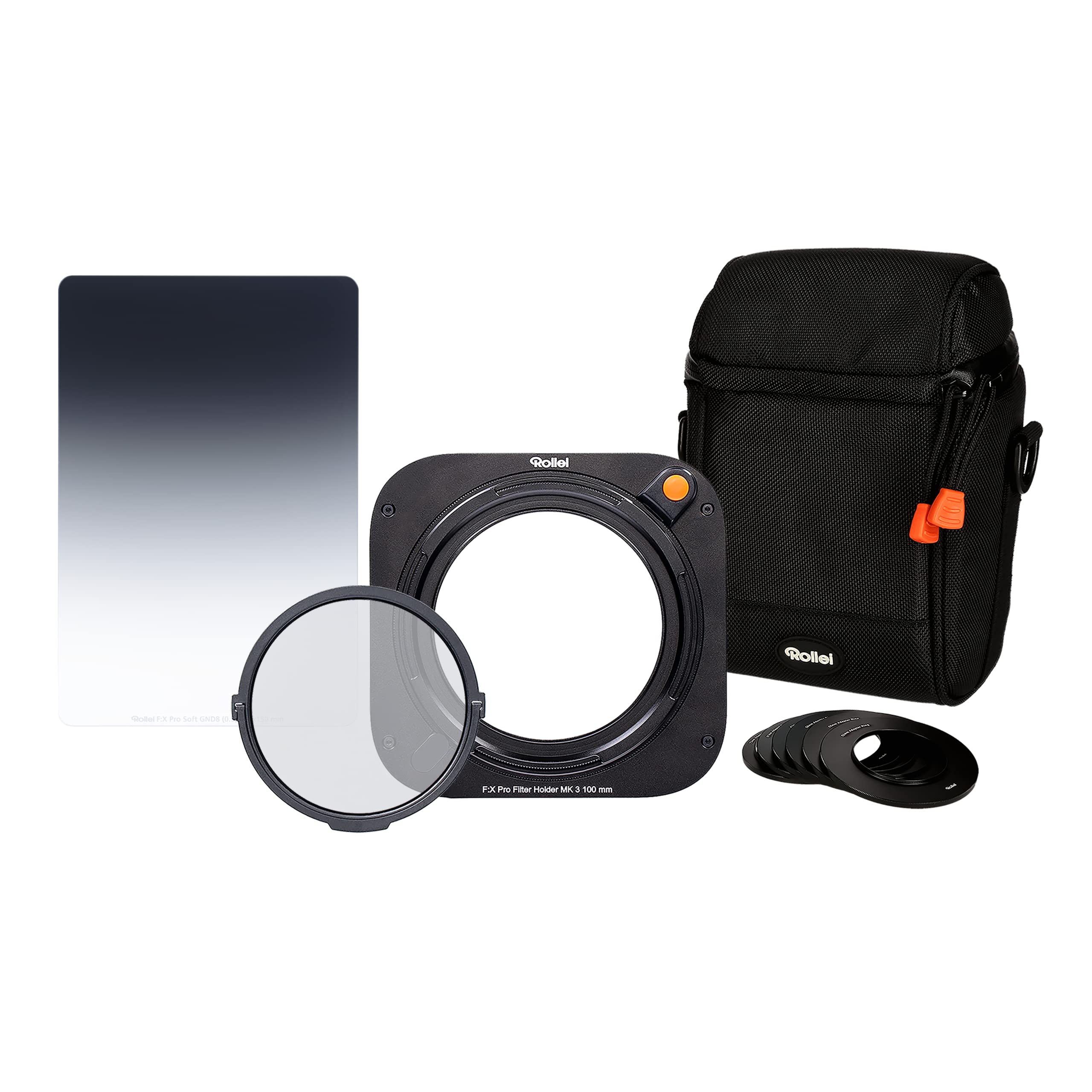 Rollei MK 3 Filter Holder Starter Set Rectangular Filter Holder with Magnetic CPL Filter, Adapter Rings from 52 to 82 mm, Filter Bag and 100 mm Soft GND8 Filter.