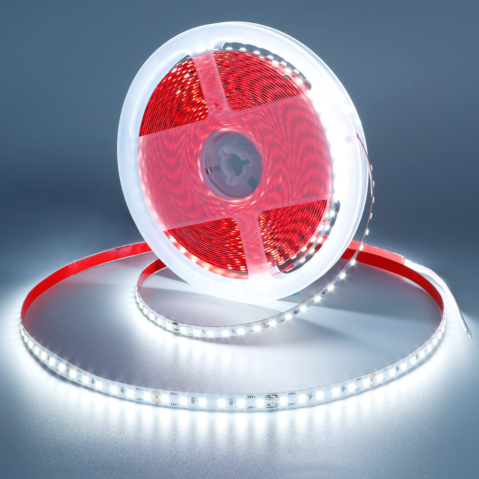 GOMING 24V 65.6ft/20m LED Strip Light Cool White 6000K 2400LEDs High Brightness 12000LM SMD2835 No-Waterproof IP20 LED Tape for Kitchen Backyard Hallways Stairs Decoration Lighting(No Power Supply)