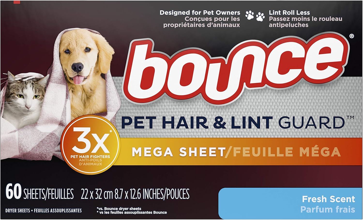 Bounce Pet Hair and Lint Guard Mega Dryer Sheets with 3X Pet Hair Fighters, Fresh Scent, 60