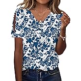 TCOT Women's Short Sleeve Tops Summer Cold Shoulder Button V Neck Shirts Dressy Casual Blouses