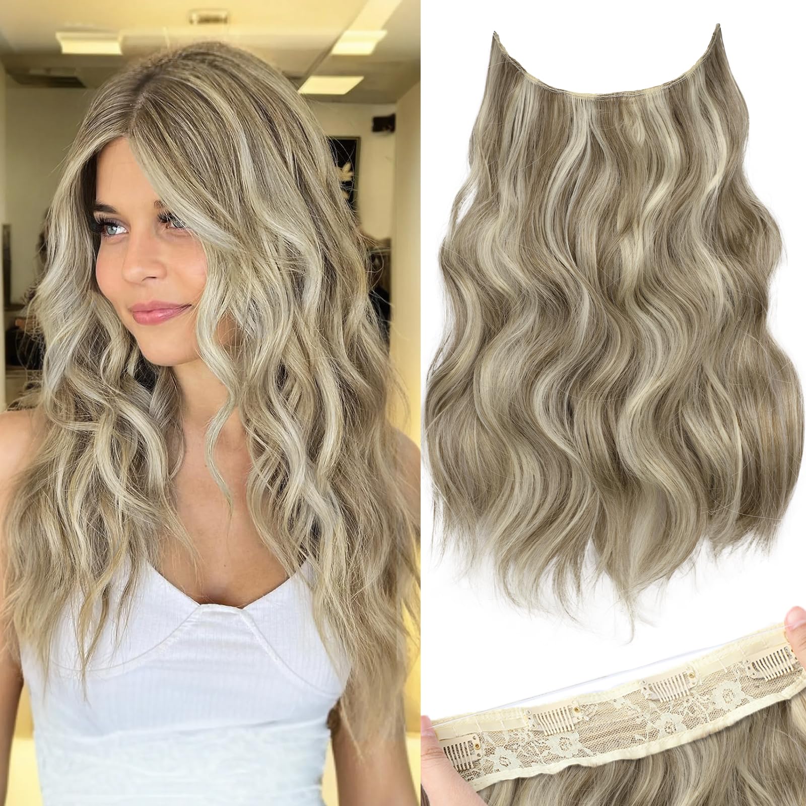 Photo 1 of KooKaStyle Invisible Wire Hair Extensions with Transparent Headband Adjustable Size 4 Secure Clips Long Wavy Secret Wire Hairpiece Dirty Blonde Mixed Bleach Blonde 16 Inch for Women