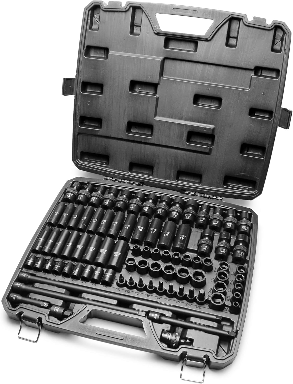 3/8 Inch Drive 84 Piece Impact Socket MASTER SET, our Most Complete Set Ever with SAE & Metric from 1/4 Inch - 3/4 Inch, 6mm - 19mm, Standard/Deep/Universal and Star and Inverted Star Sockets & More