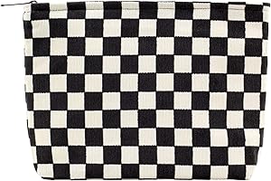 PAZIMIIK Makeup Bag Large Zipper Corduroy Make Up Pouch for Purse Travel Canvas Cosmetic Organizer for Women Brush Storage,Checkered Black