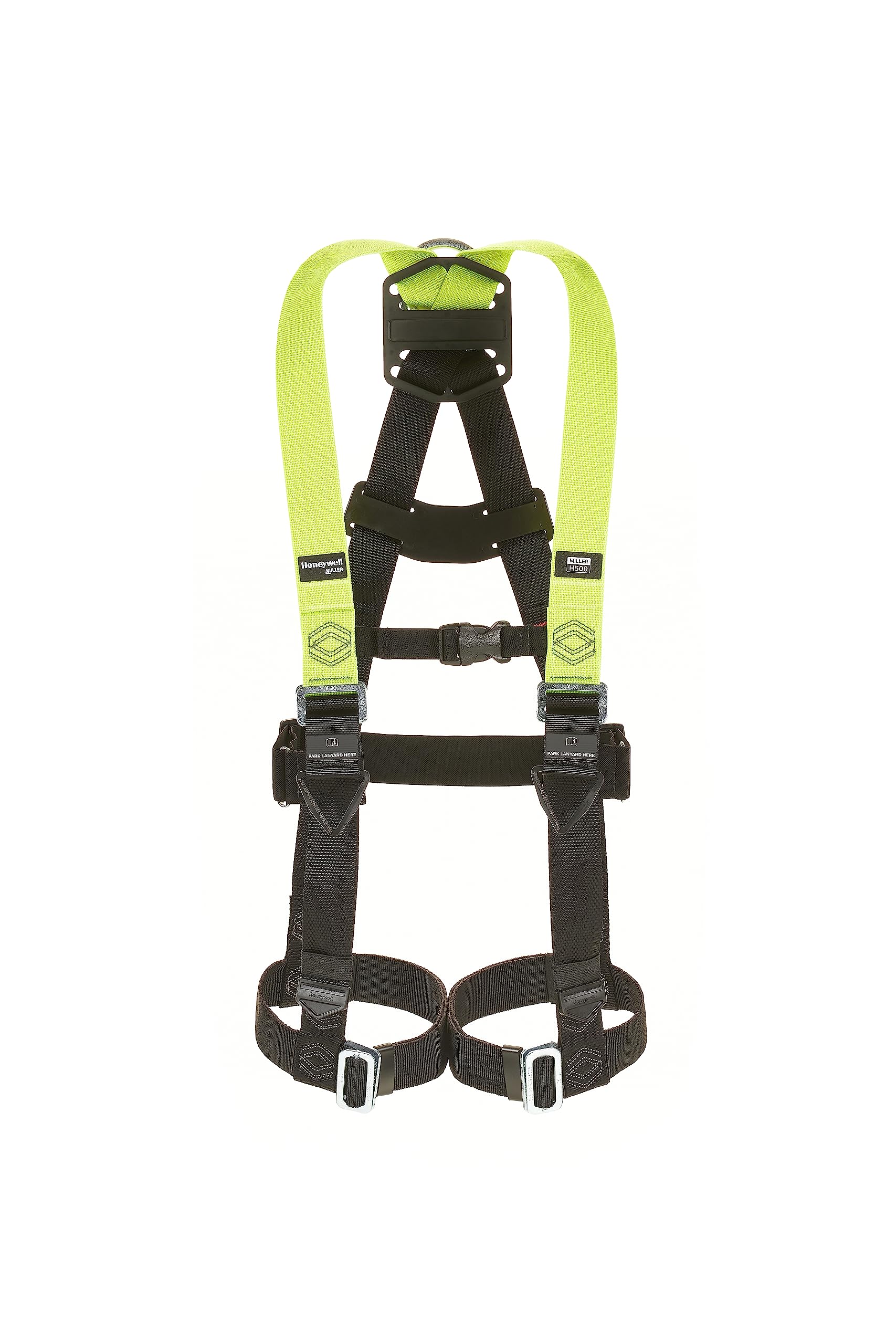 Miller H500 Full Body Construction Harness Industrial Standard IS1 Model with Mating Leg Buckles, Auto-Clip Chest Buckles, Back D-Ring, Rated 140 Kg, Citrus Green Colour, Size 1, 1036089