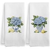 XNXLDYLH Vintage Chinoiserie Hydrangea Lemon Decor Kitchen Towels and Dishcloths Sets of 2, Grand Millenial Blue and White Hydrangea Floral Decor Dish Hand Tea Towels for Bathroom Kitchen, 16x24 Inch