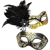 MYSEUNI Glod Masquerade Mask for Couples - Women's Mask with Feathers & Venetian Masks for Men - Party, Mardi Gras, Halloween, Cosplay, Prom, Christmas