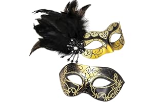MYSEUNI Glod Masquerade Mask for Couples-Womens Masquerade Mask with Feathers & Venetian Mask Men for Masquerade Party, Mardi Gras, Halloween Cosplay Prom, Christmas
