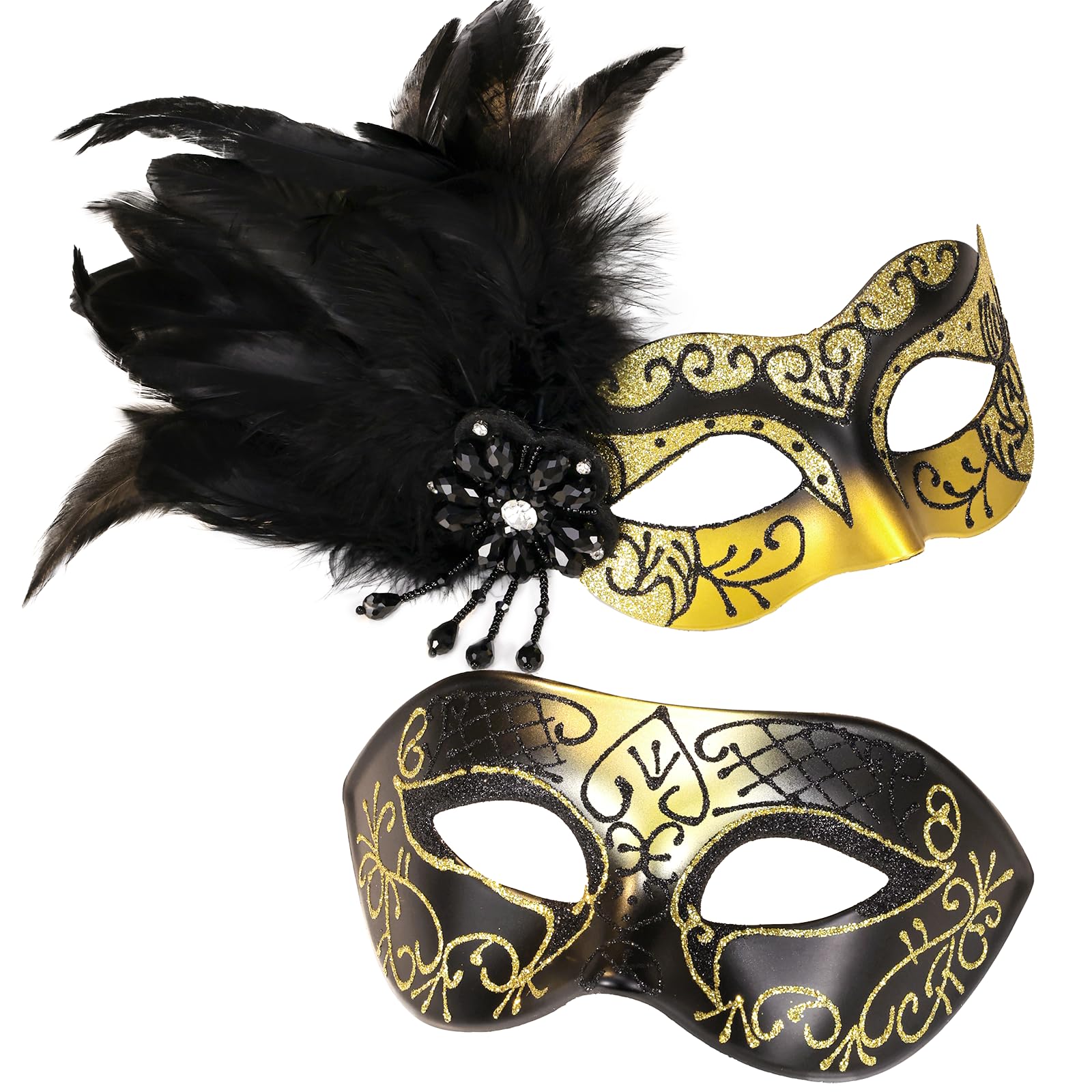 MYSEUNI Glod Masquerade Mask for Couples - Women's Mask with Feathers & Venetian Masks for Men - Party, Mardi Gras, Halloween, Cosplay, Prom, Christmas
