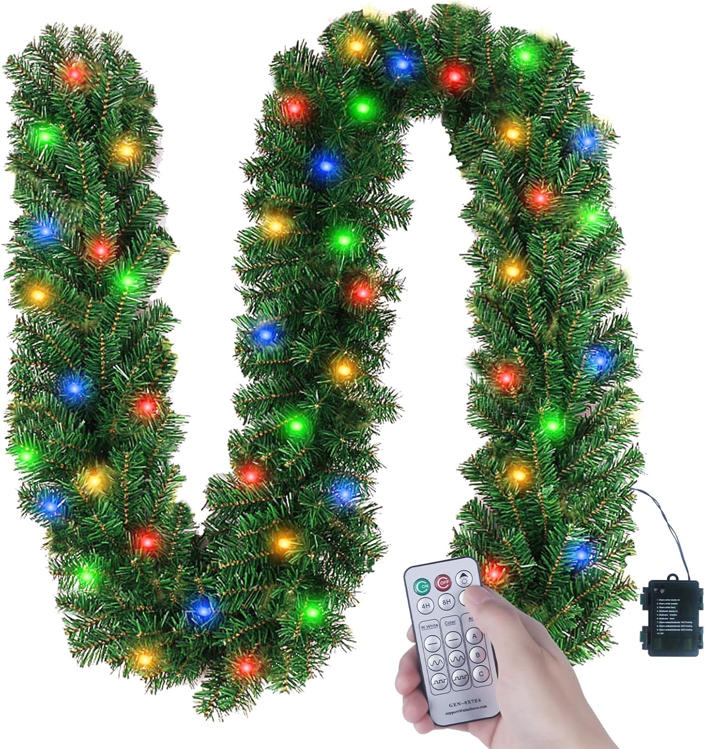 Wreaths, Garlands & Swags - Christmas Garland with Lights Battery Operated -Multicolored Lighted Green Garland for Mantle Stairs Railing Mantle Indoor Outdoor Decorations- 10 FT Long