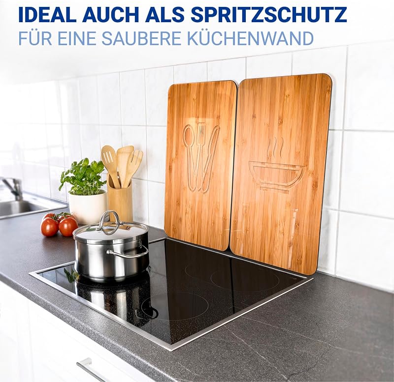 Herdabdeckplatte Universal Mod. Lunch, höhenverstellbar für alle Herdarten, Schneidebrett und Spritzschutz, Glas, 30 x 52 cm, 2-teilig