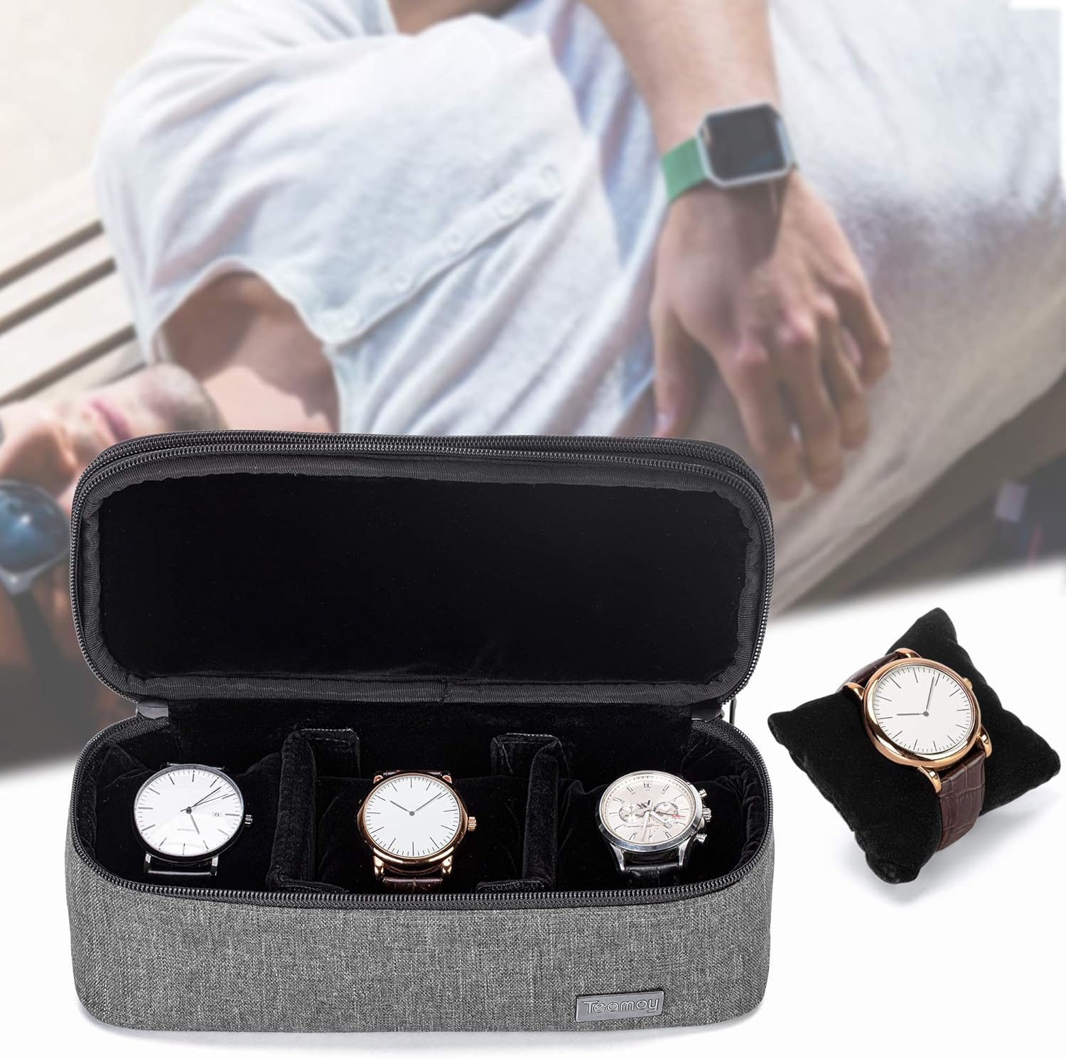 Teamoy Double-Layer Watch Box Organizer with Soft Padded Inner Liner, Travel Storage Case for Man Watches , Wristwatch and Accessories, Gray: Home Improvement