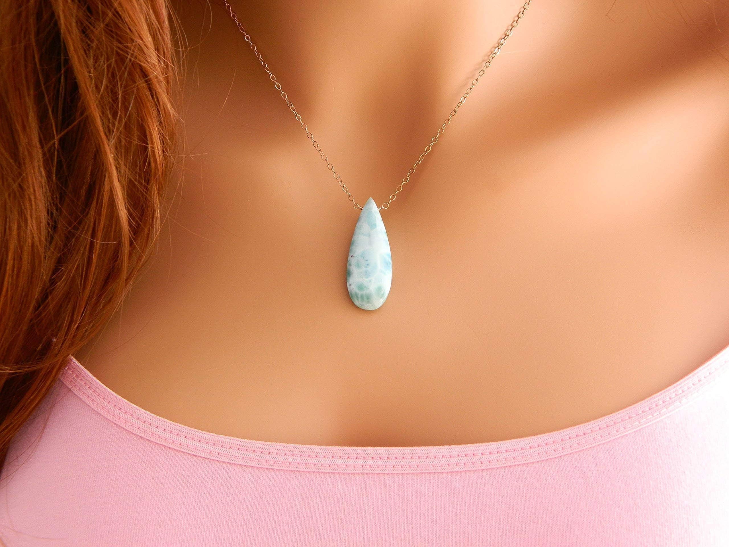 Rose Gold Larimar Necklace/Blue Larimar Gemstone Necklace/Perfect Layering Necklace/Natural Necklace/Jewelry Gift for Her/Holiday/Mother's Day Gift, Christmas