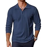 Uni Clau Mens Long Sleeve Button Down Polo Shirt Ribbed Stretch Polo T Shirt Casual Fashion Golf Shirts