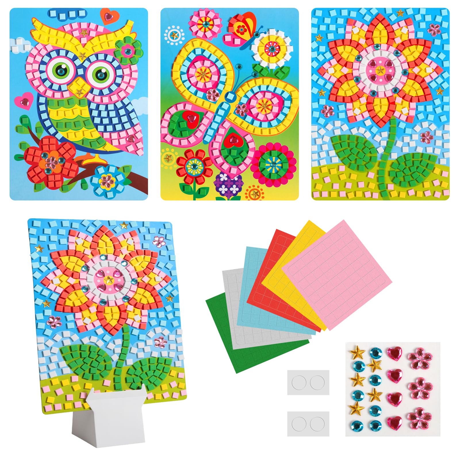 WEFINEST 3 PCS Mosaic Kits for Children, Mosaic Sticker Art Flower Butterfly Owl, Foam Mosaic Toddler Arts and Crafts Age 2, Boys Girl Toddler Craft Creative Activities for Kids Preschool