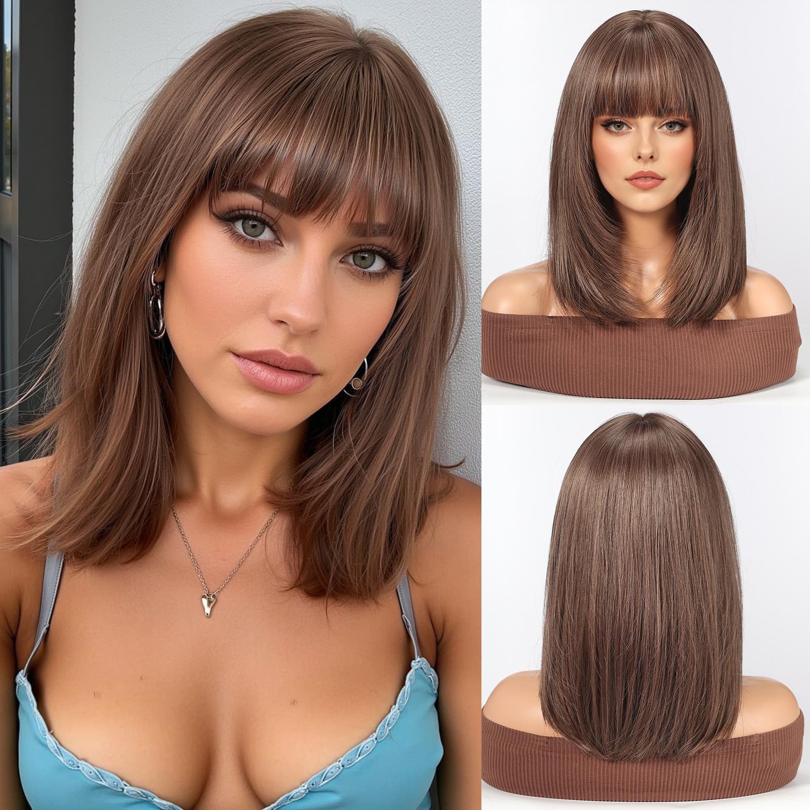 WOKESTAR Staright Wig with Fringe Synthetic Mid-length Layered Wigs for Women Ligt Brown Color