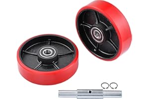 A Pair of Pallet Jack Steering Wheels 180 × 50 mm (7 × 2") Poly Tread Red color,with Bearings pre-installed, includes Axle, F