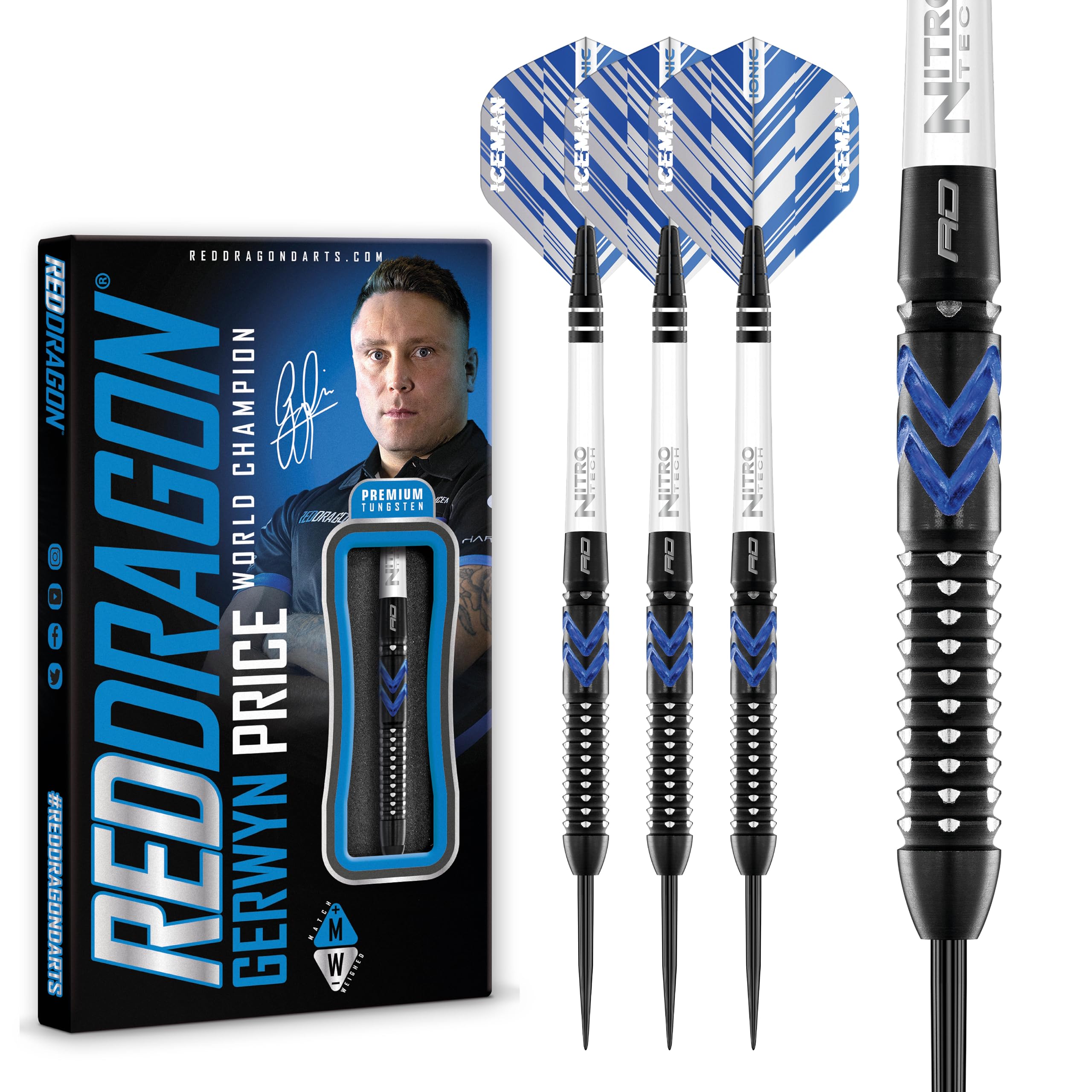 RED DRAGON Gerwyn Price Blue Ice SE 24 gram - Tungsten Professional Darts Set with Flights and Nitrotech Shafts (Stems)