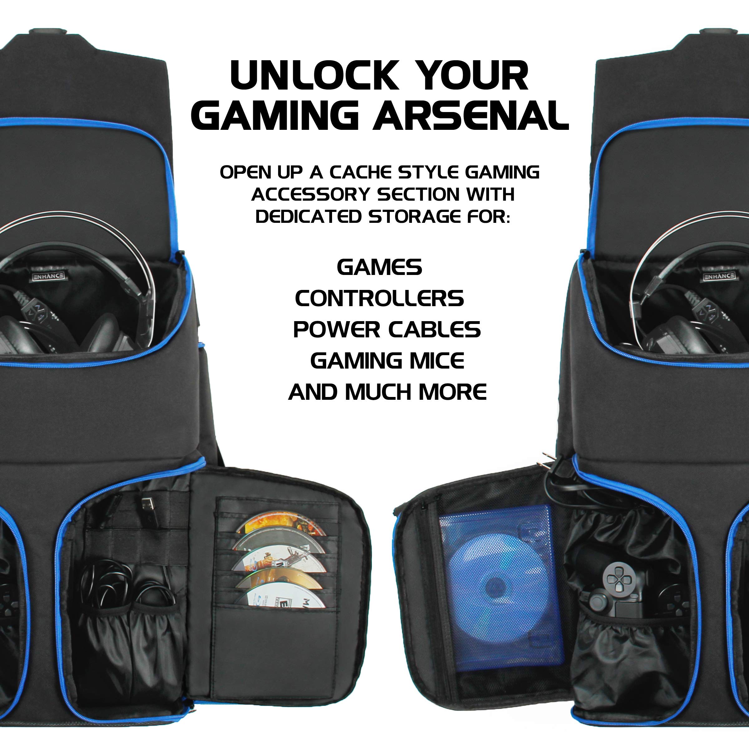ENHANCE eSports Gear Universal Console Laptop Gaming Backpack - Compatible with PS4 Pro, Xbox One & Computers - Gear Arsenal Storage for Controllers, Headsets, Games, Mice, Keyboards & Accessories