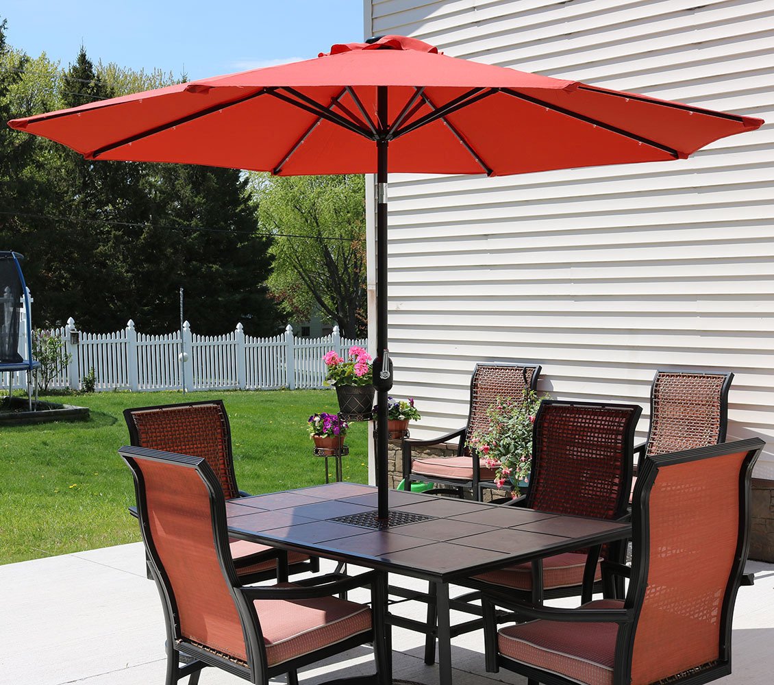 Sunnydaze Solar Outdoor Patio Umbrella with LED Lights, Tilt & Crank, Aluminum, 9 Foot, Burnt Orange