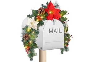DR.DUDU Pre-lit Christmas Mailbox Swag Garland with Poinsettias Flowers, Battery Powered Lighted Christmas Artificial Garland with Pine Cone & Red Berries Holiday Decorations Indoor Outdoor
