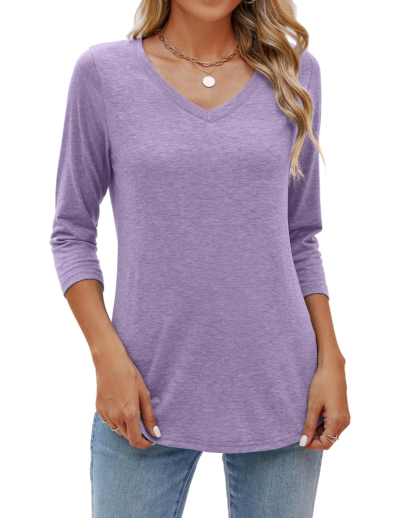 Sherosa Womens V Neck 3/4 Sleeve T Shirts Loose Fit
