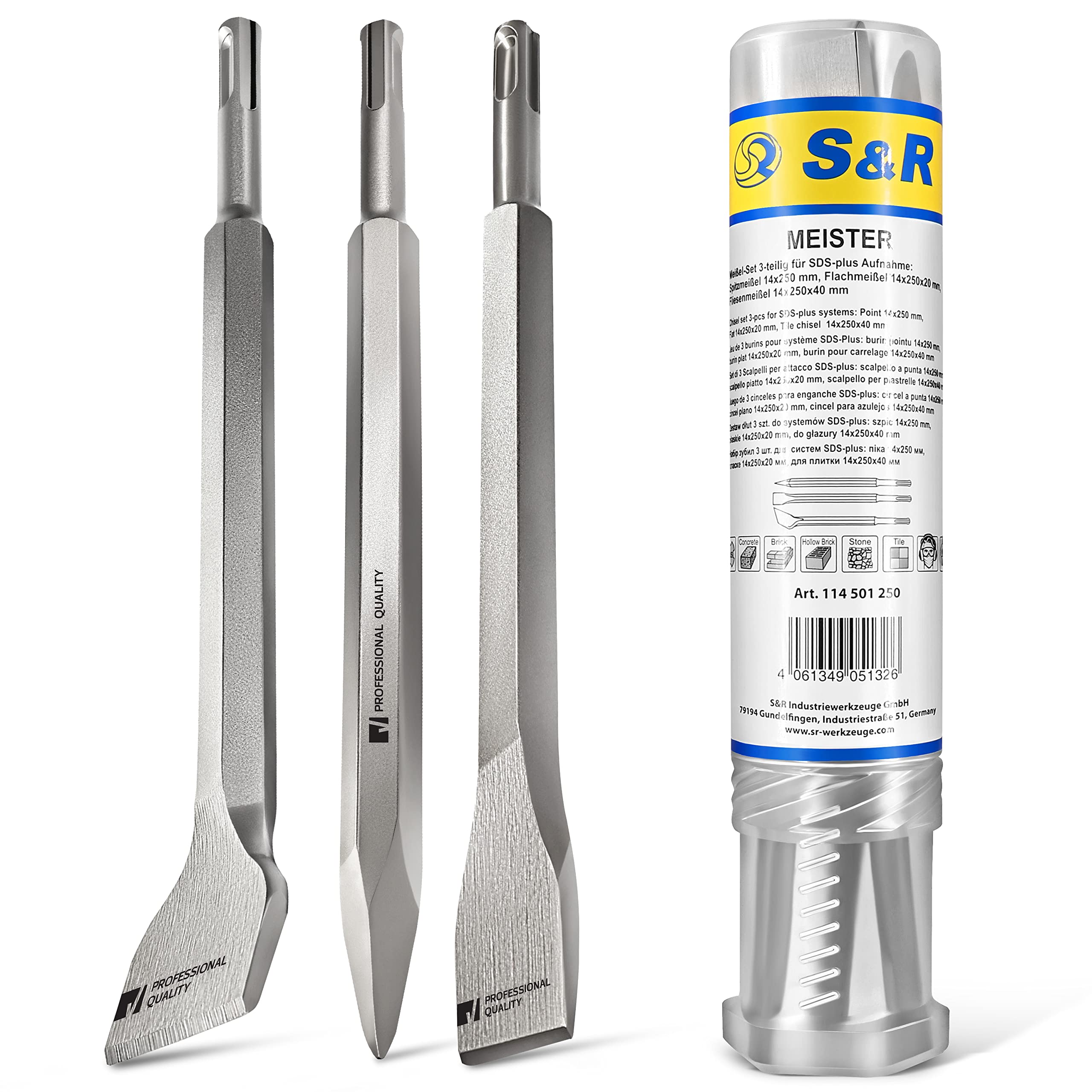 S&R SDS-Plus Chisel Set: 3-pcs Flat, Tile, Pointed Chisels (250 x 20mm, 14 x 250mm) for Universal Use