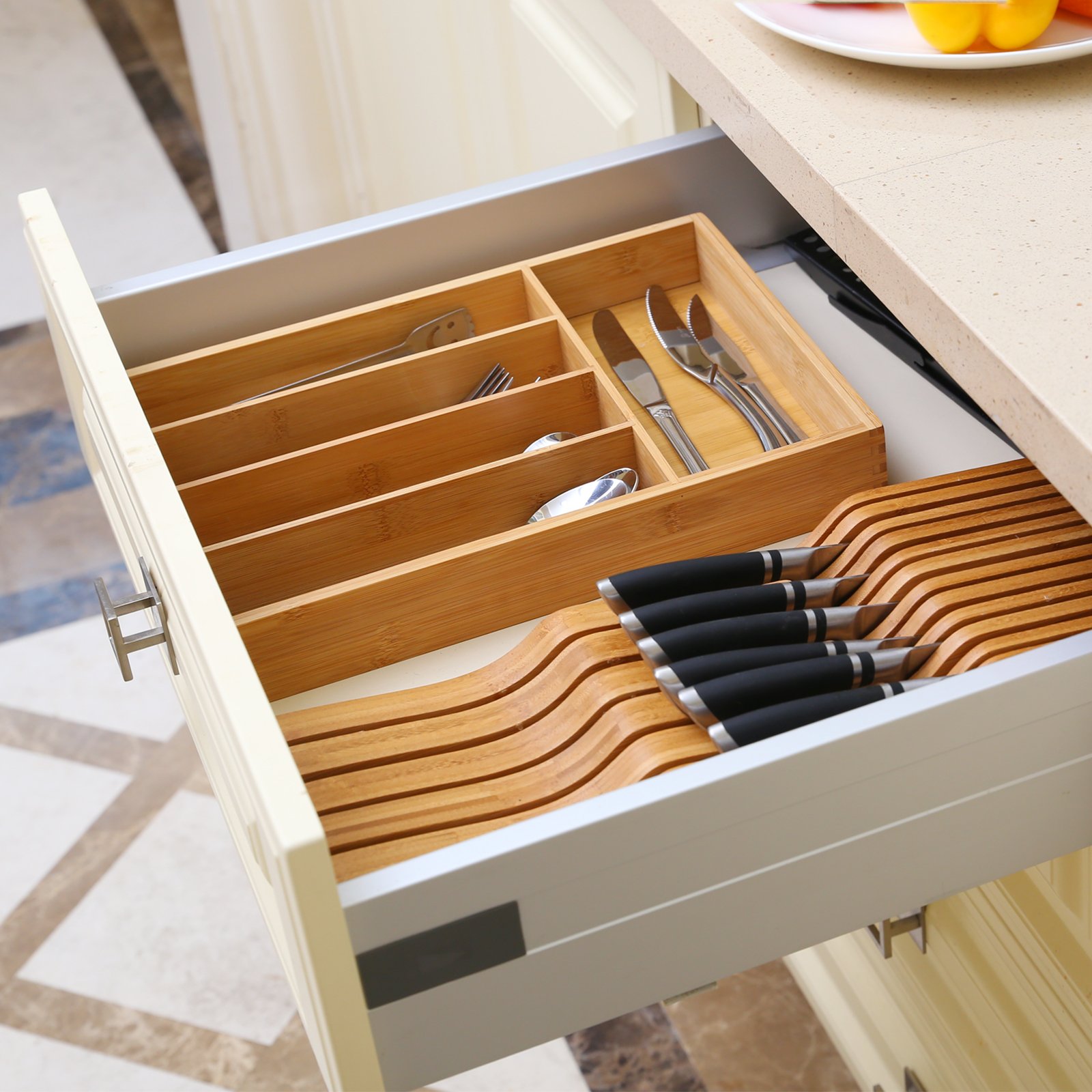 Bamboo Wooden Cutlery Drawer Organizer With 5 Compartments Durable