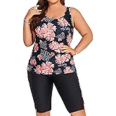 Hanna Nikole Women's Plus Size Tummy Control Tankini Swimsuits Color Block Bathing Suits with Shorts Knee Length