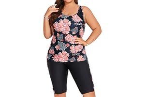 Hanna Nikole Women's Plus Size Tummy Control Tankini Swimsuits Color Block Bathing Suits with Shorts Knee Length