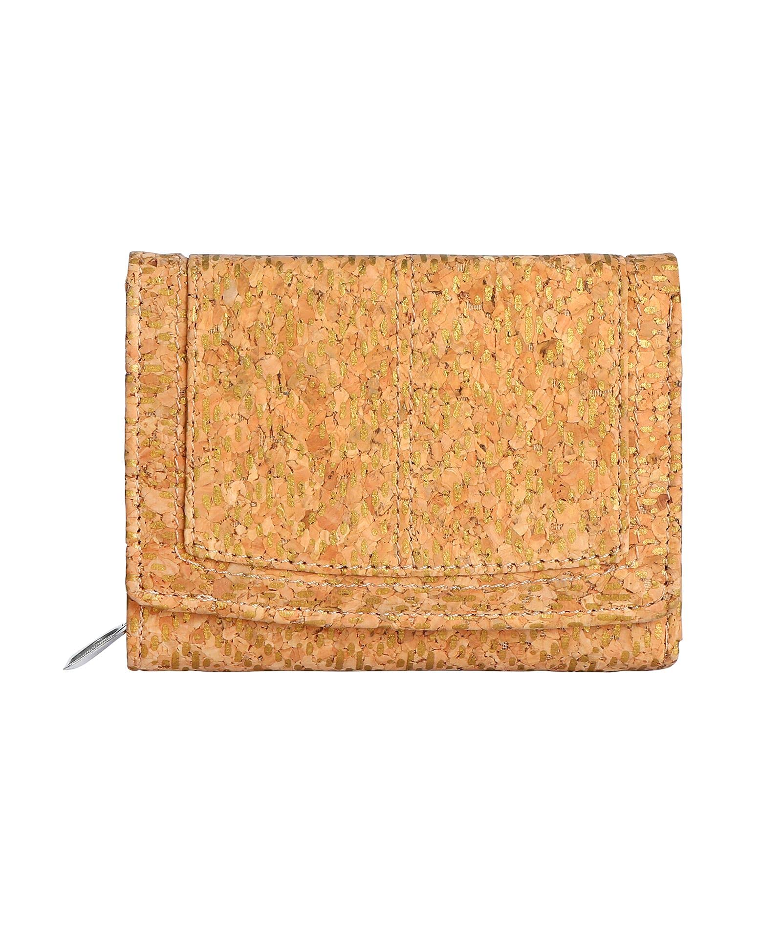 Hudson & James Ladies Designer Cork Vegan RFID Blocking Shield Compact Card Holder Wallet Purse Multi Card Women Clutch Wallet with Zip Pocket (Cork with Golden Pattern)
