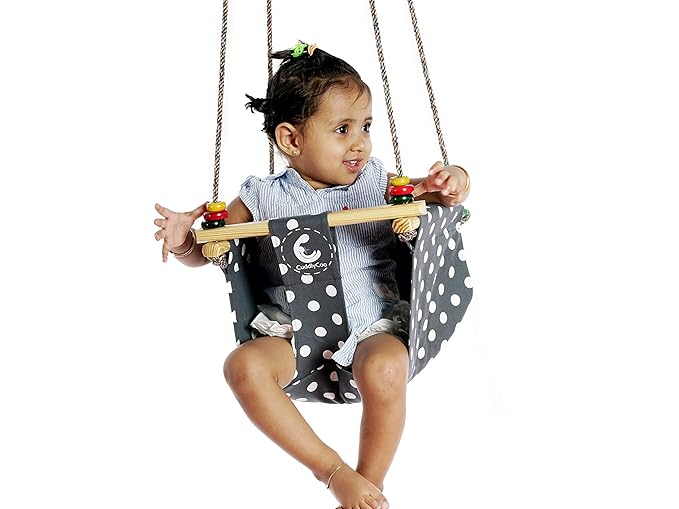 CuddlyCoo Cotton Bucket Cushioned Toddler Swing |Jhula|Baby Swing Jhula|Baby Garden Swing|Hanging Swing for Baby|Baby Jhula with Swing| Indoor/Outdoor with Play Rings |Grey Polka|