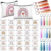 Hillban 64 Pcs Rainbow Canvas Makeup Bag Bulk Valentine Women Gifts 32 Boho Travel Toiletry Makeup Pouch with 32 Inspirational Keychains for Women Party Favor Coworker Employee
