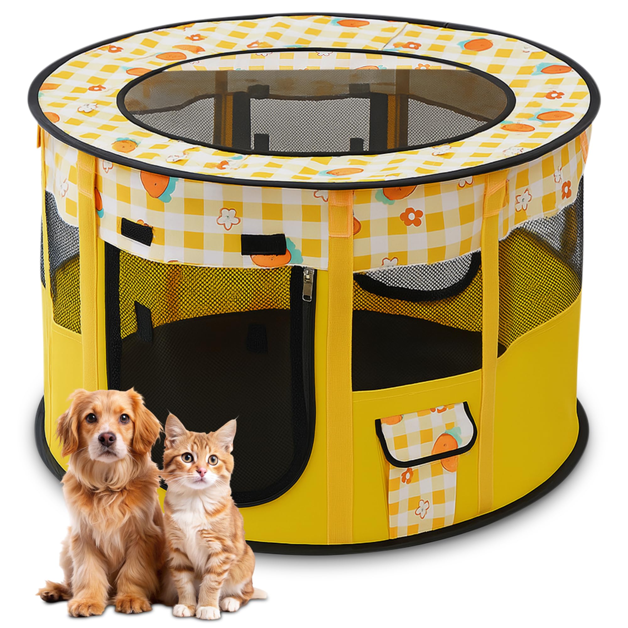ALLSOPETS Cat Playpen for Dog, Foldable Pet Play Pen for Indoor Outdoor Use, Portable Dog Cat Crate Tent for Puppies Kittens, Pop-Up Pet Cage for Travel Camping (Gold, L)
