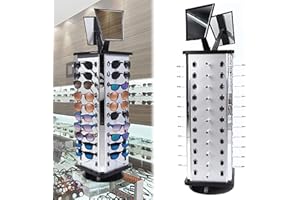 KUNGHEI 360°Rotating Sunglasses Display Stand Eyeglass Holder Rack for 44 Pairs Glasses, Sunglass Rack Eyewear Display with Mirror, Sunglasses Organizer Countertop Commercial Retail Display Stand Case