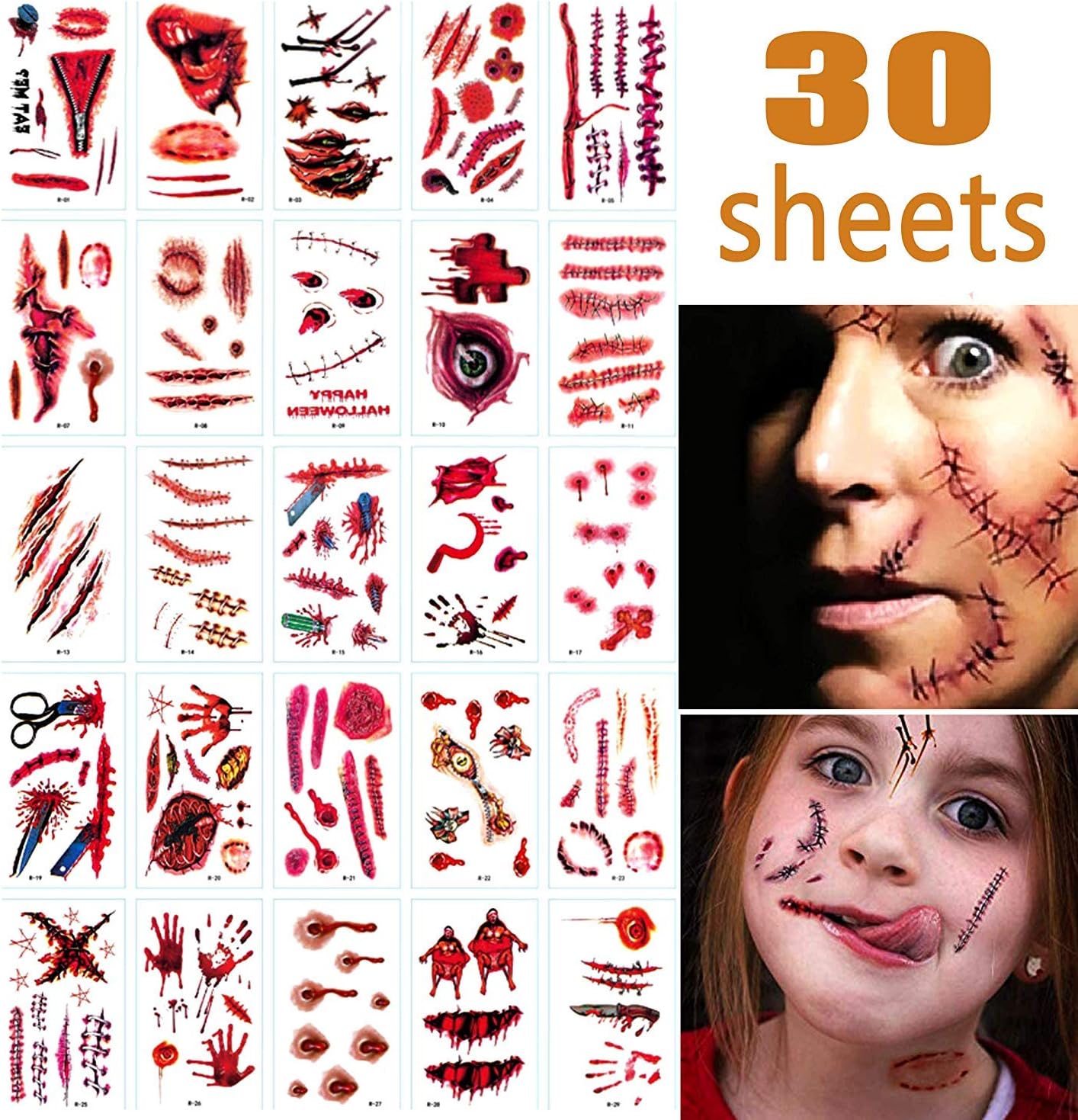 Yolococa Halloween Makeup,30 Unique Sheets,Fake Blood,Scar Tattoo,Halloween Tattoos Fake Blood Makeup Vampire Makeup, Enjoy Halloween Makeup Kit Zombie Tattoos,30 Sheets,65 Pics Fake Scars Cuts …