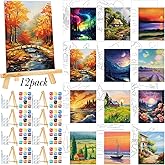 Zhanmai 12 Set Paint and Sip Kit for Adult 8''x10'', Natural Scenery | Pre Drawn Canvas for Painting Bulk, Pre Printed Canvas, DIY Craft for Date Night Birthday Party, with Wood Easel Brushes