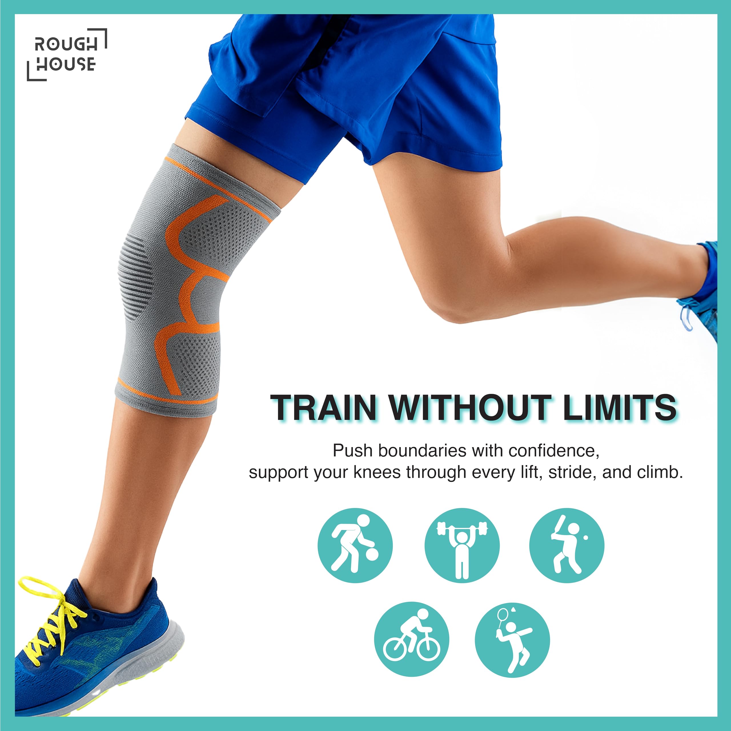 Roughhouse Knee Support Sleeves (Pair) – Compression Fit for Gym, Running & Hiking | Protects Knees, Reduces Strain & Boosts Performance | Breathable, Anti-Slip Design for All-Day Comfort 4